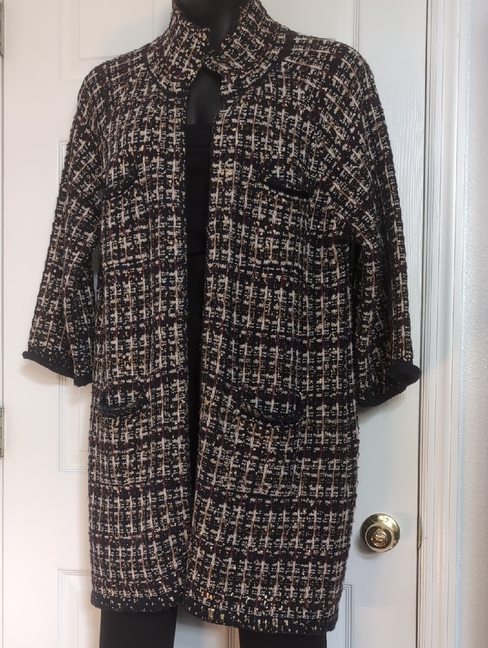 Vintage BCBGMaxAzria Black & Cream Tweed Open-Front Sweater Coat